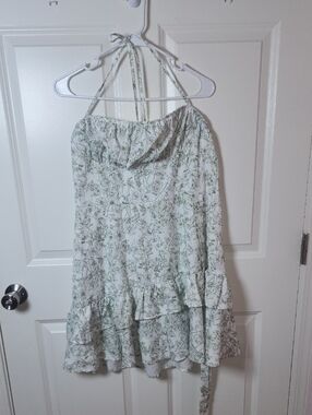 White Halter Dress with Green Botanical Print